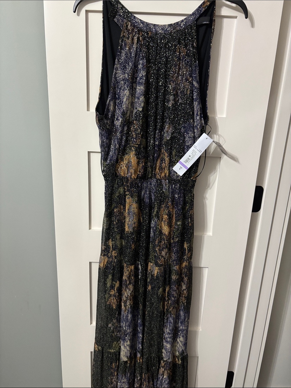 lei Black Maxi Dress with Gold & Blue Floral Accents